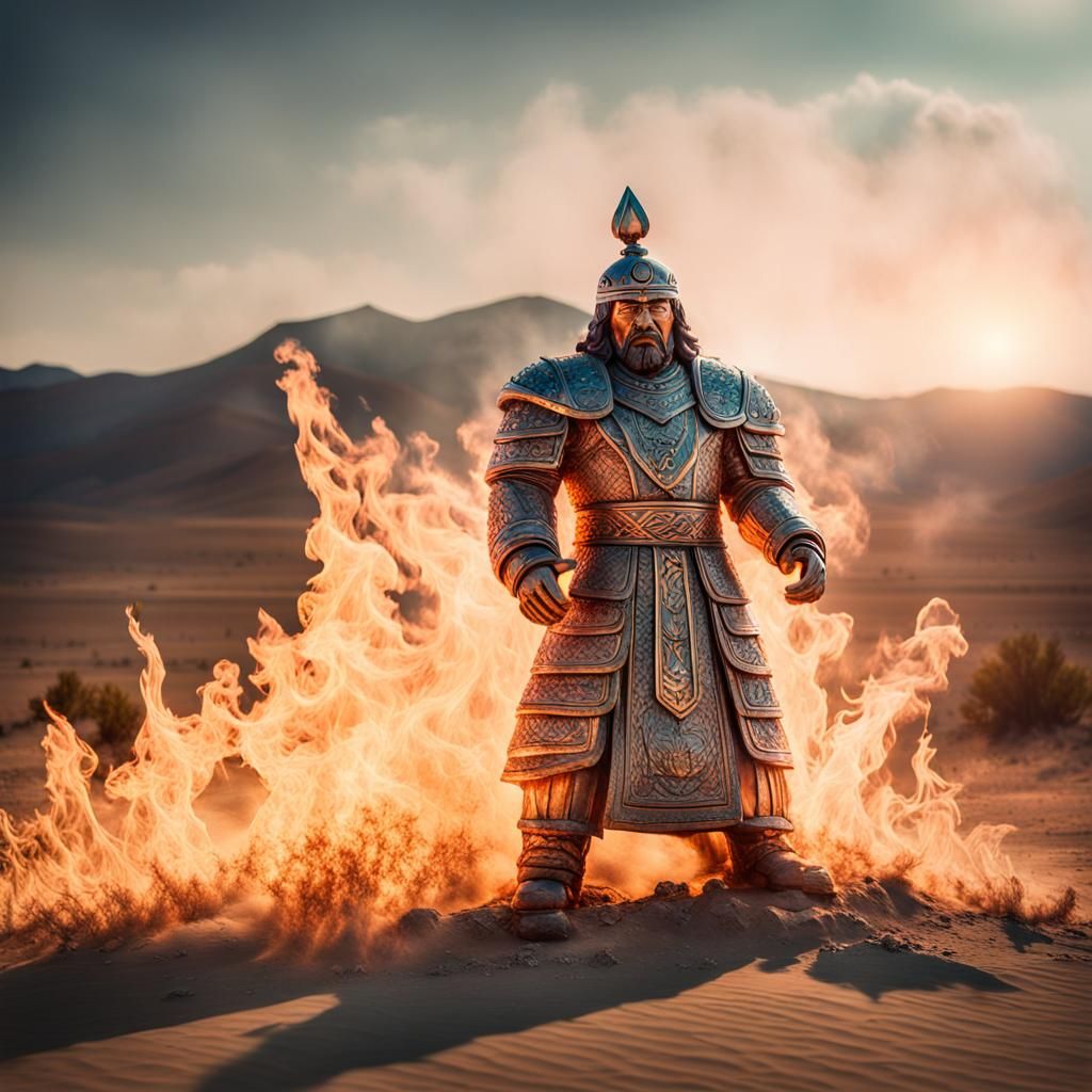 Crystal Gengis Khan Ablaze in Desert, Neo-Impressionism