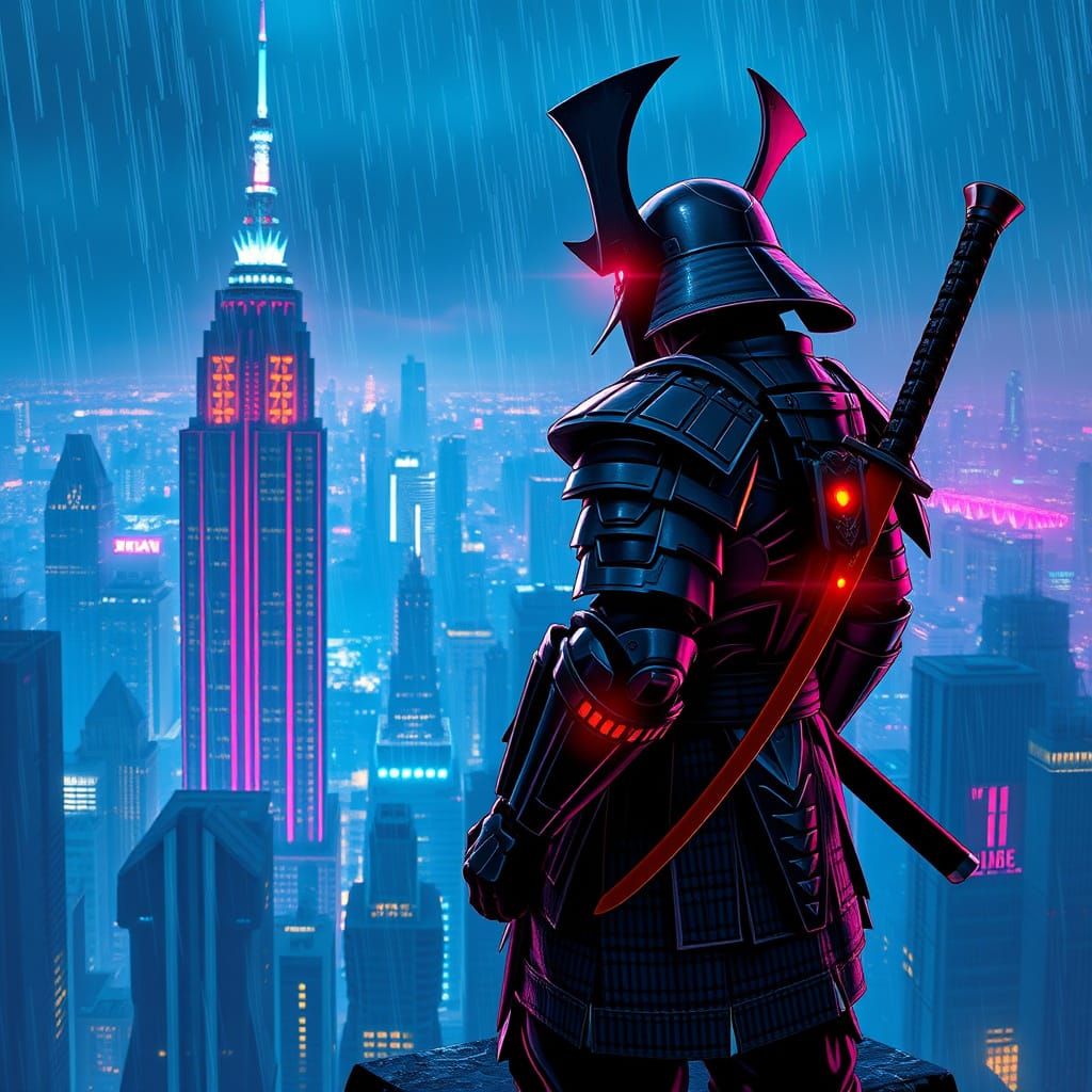 Cyberpunk Samurai Warrior Above Neon Cityscape