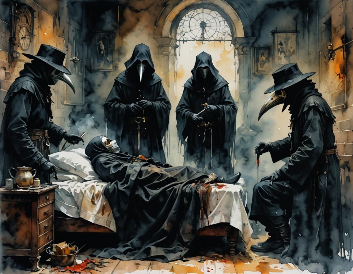 Ominous Plague Doctors Tend to Sick Woman