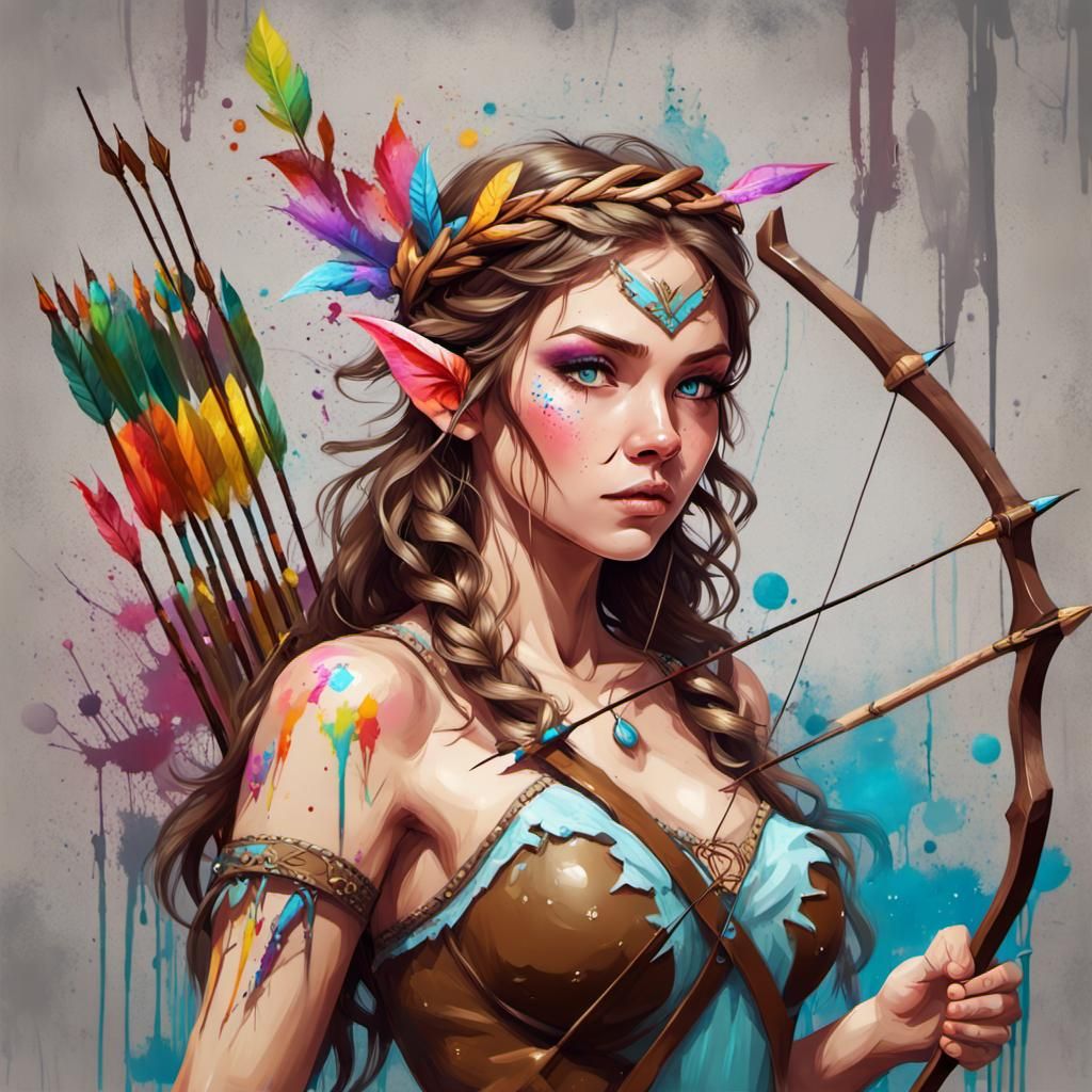 Woodland Elf with Bow in Graffiti Art Style