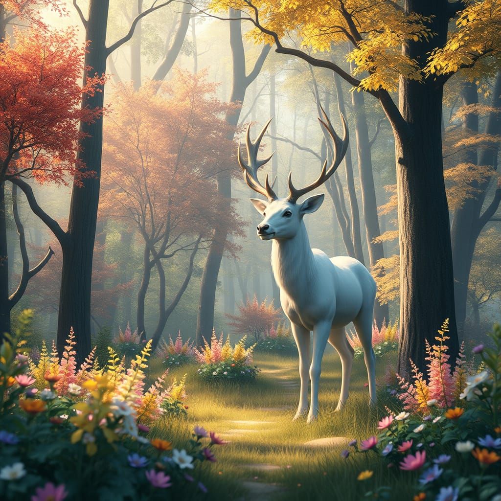 Enchanted White Stag in Whimsical Forest