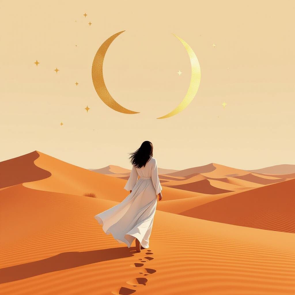 Woman in Cosmic Desert Under Crescent Moon