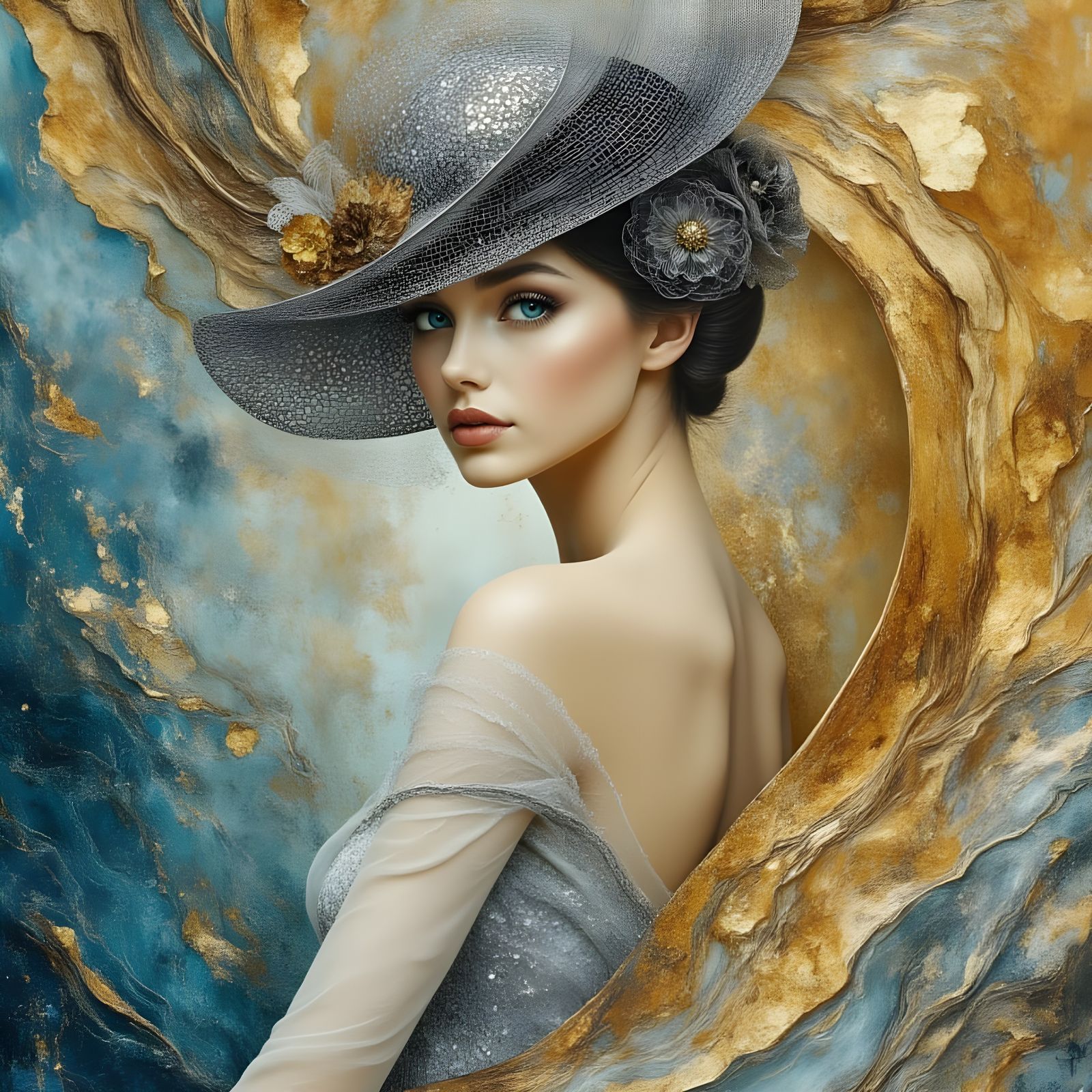 Elegant Woman in Veil, Mixed Media Dreamscape