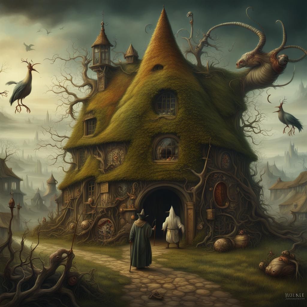 Mystical Creature in Haunted Village: Bosch-Inspired Fantasy