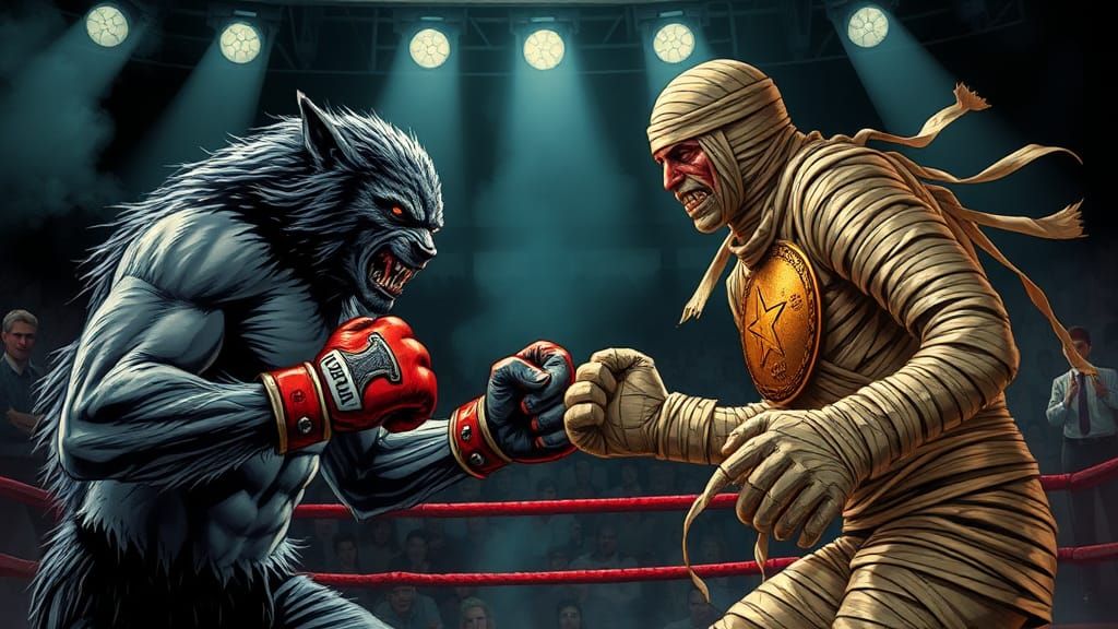 Wolfman vs Mummy Boxing in Pulp Comic Style