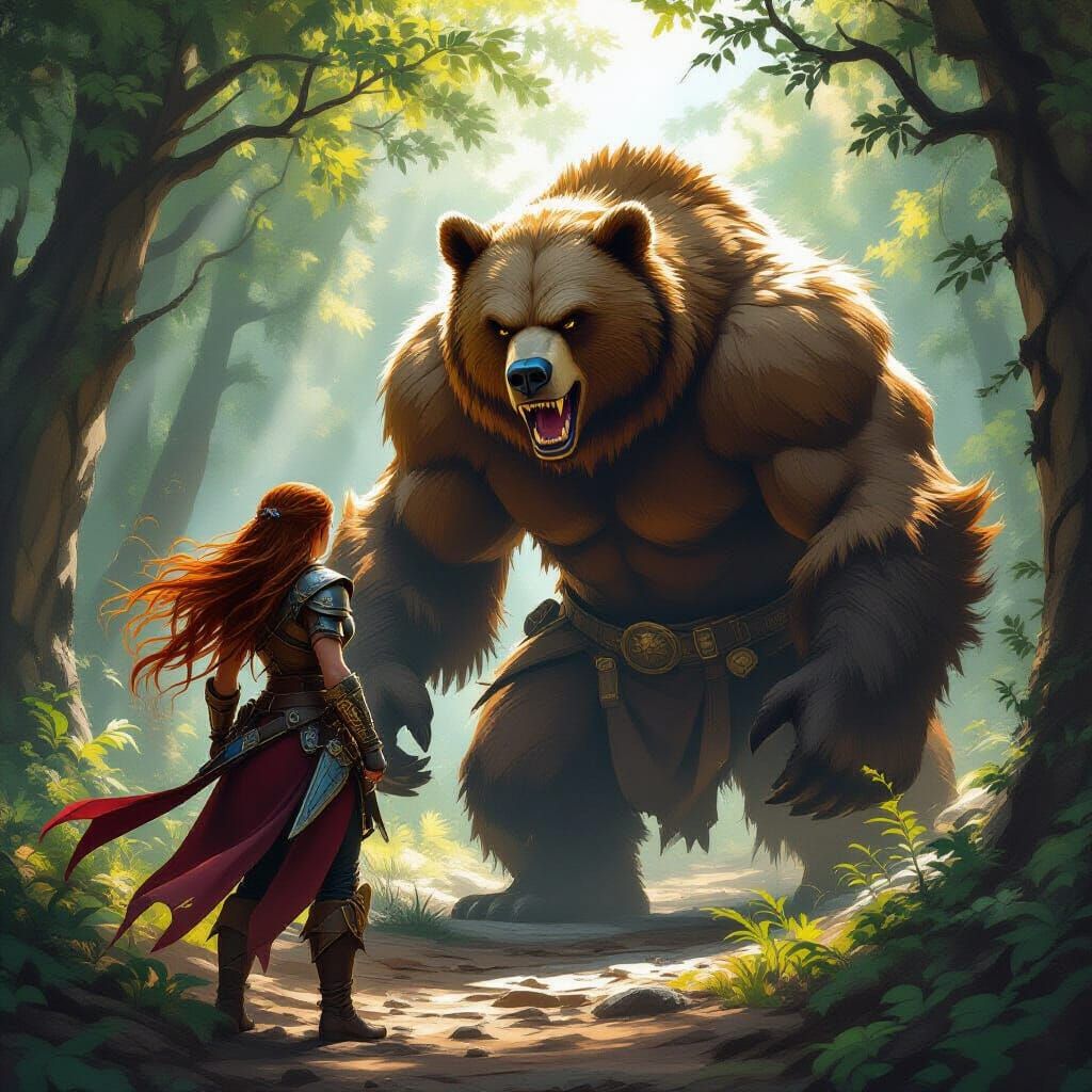 Adventurous Heroine Confronts Giant Bear in Forest