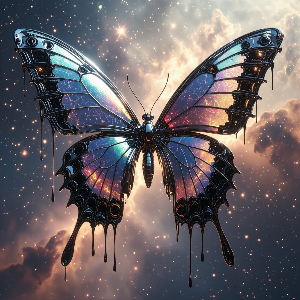 Biomechanical Butterfly in Cosmic Void with Metallic Wings