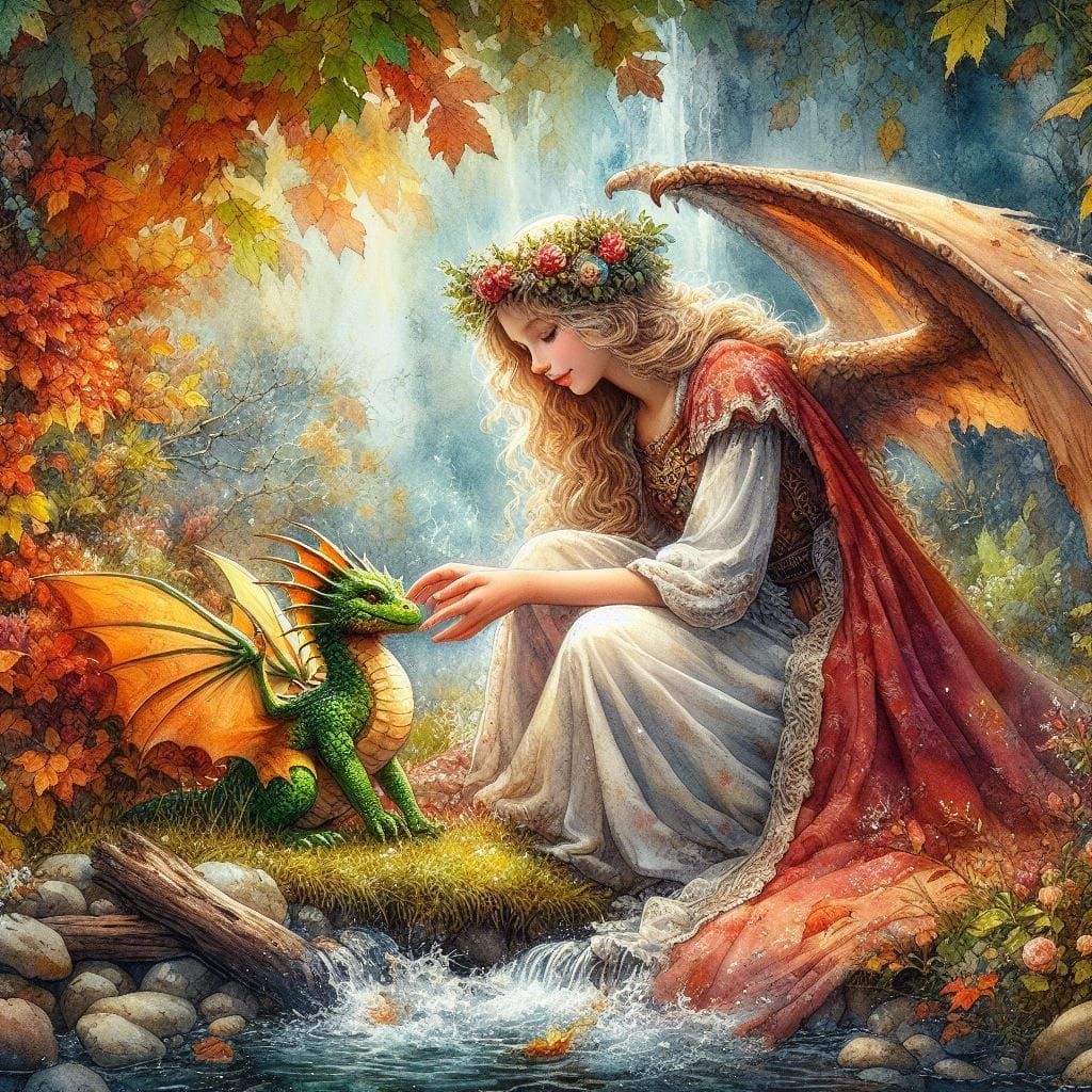 Princess and Dragon in Autumn Watercolor