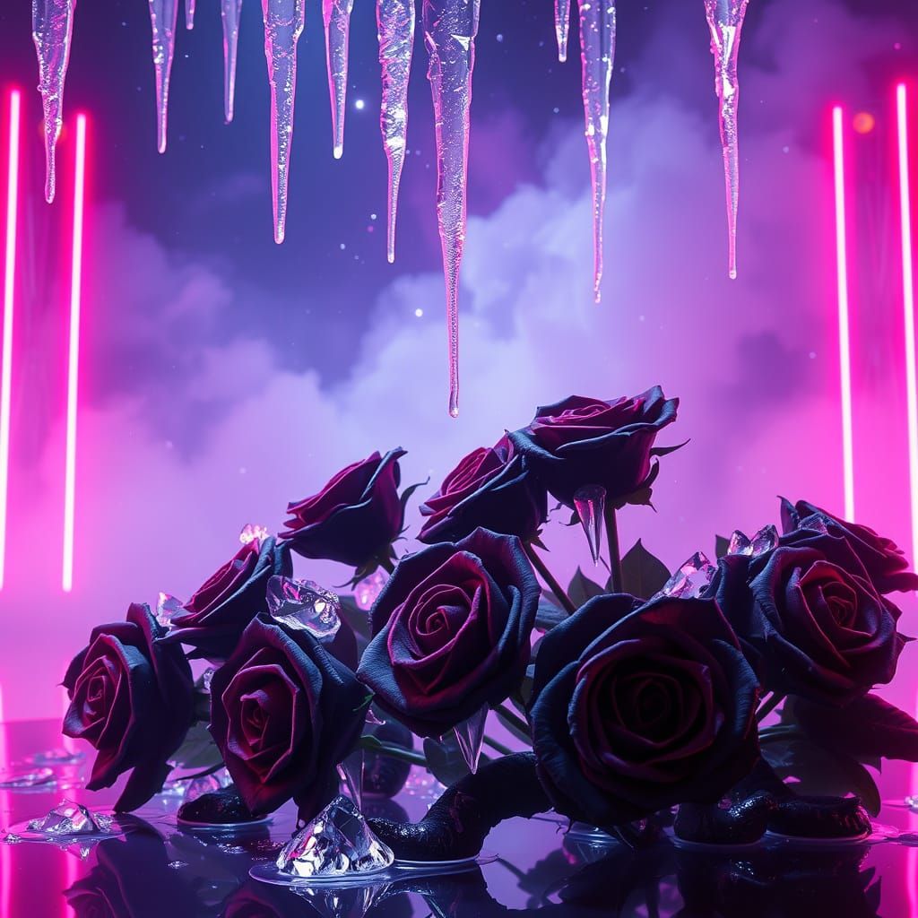 Ice Crystals Melt on Black Roses in Synthwave Style