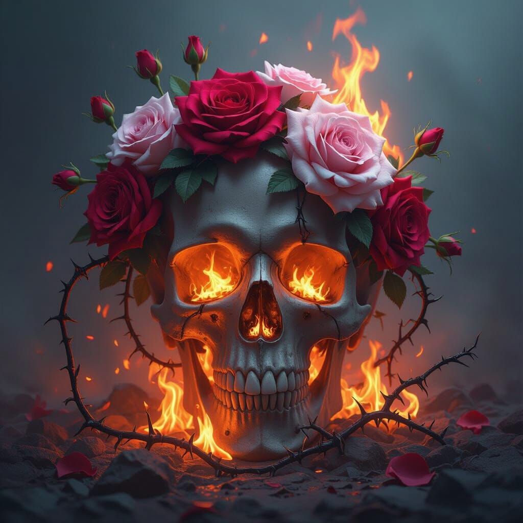 Fiery Skull with Roses: A Dark Fantasy Digital Painting