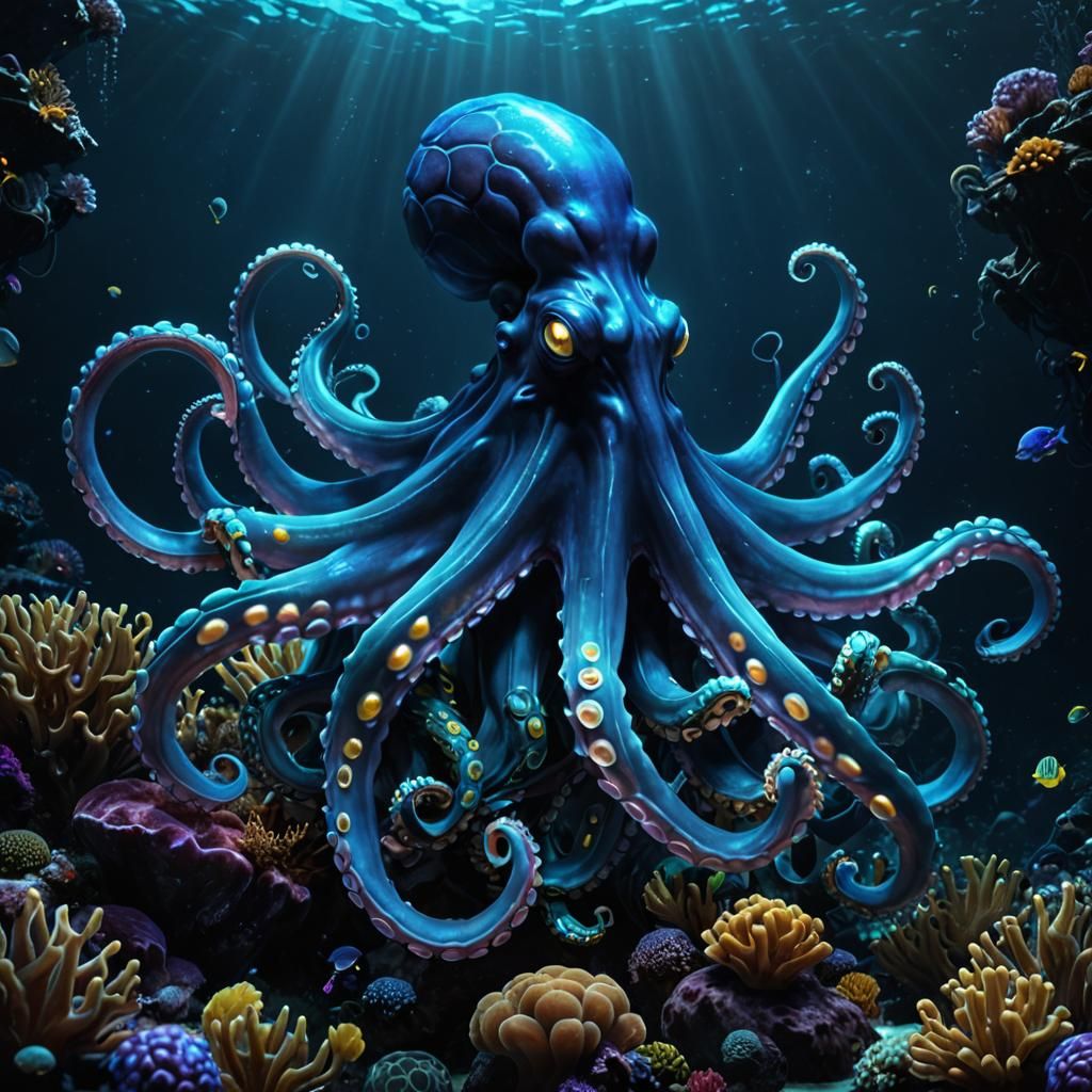 Bioluminescent Giant Octopus in the Abyss