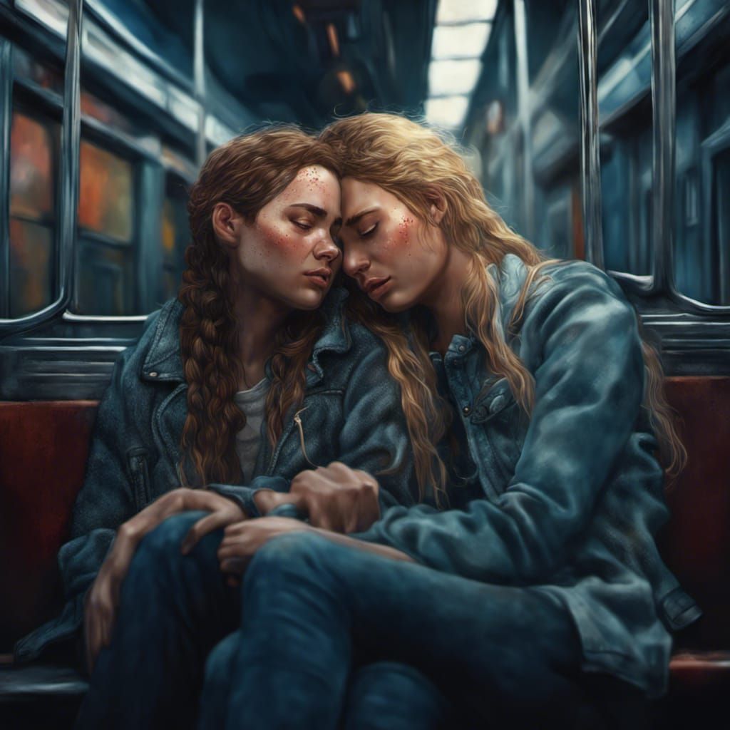 Tired Girls Cuddling on a Train, Hyperrealistic Style