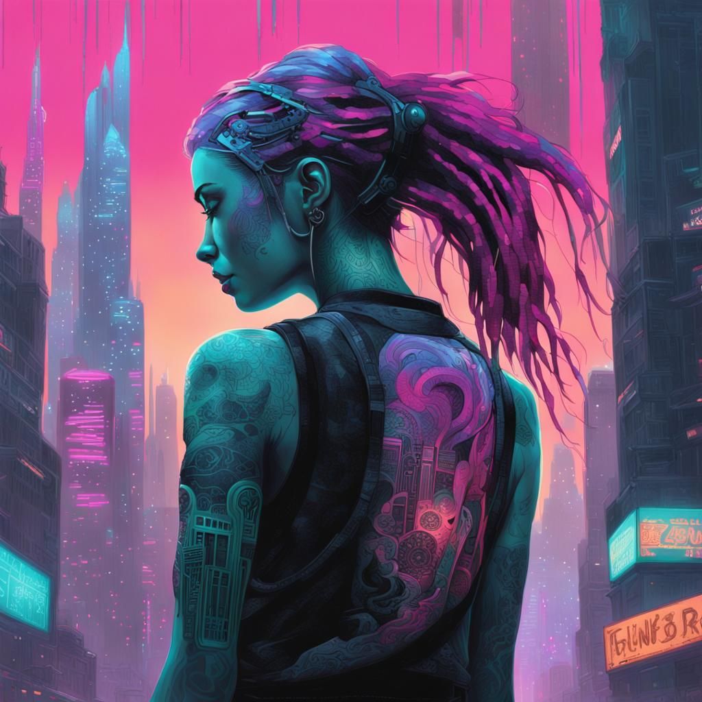 Girl with Glowing Tattoos in Dystopian Cityscape