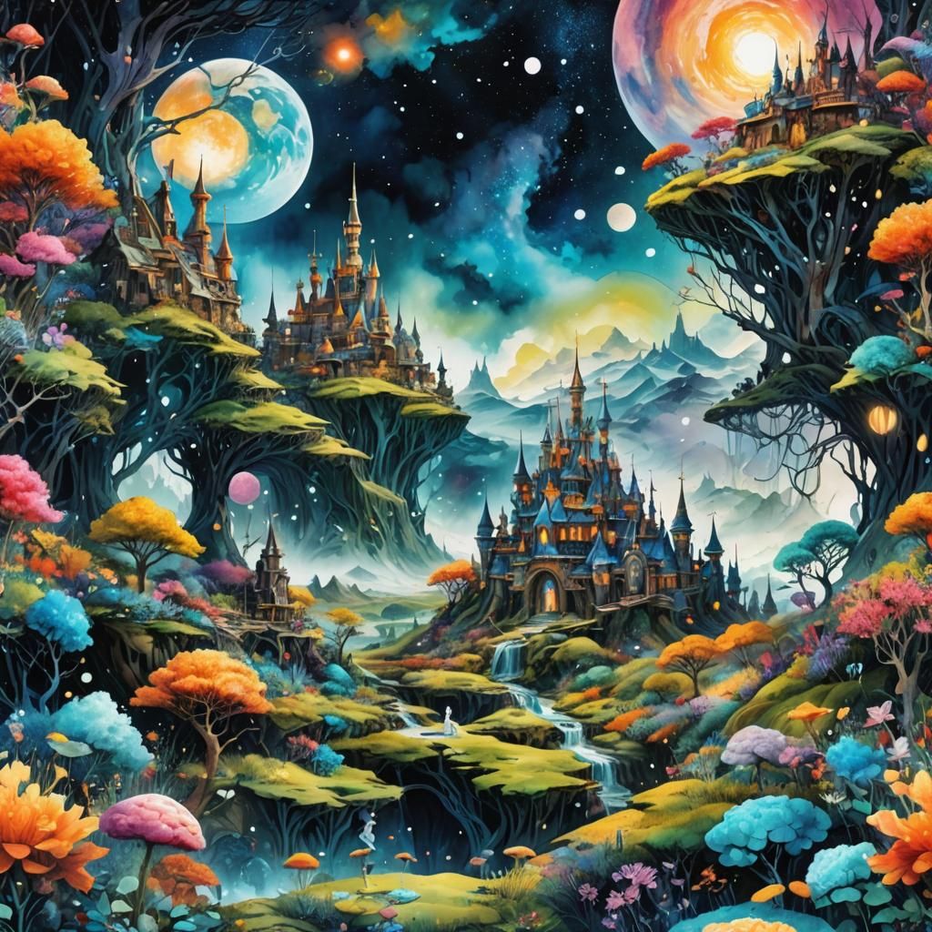 Wonderland Fantasy Landscape in Mixed Media Art Styles