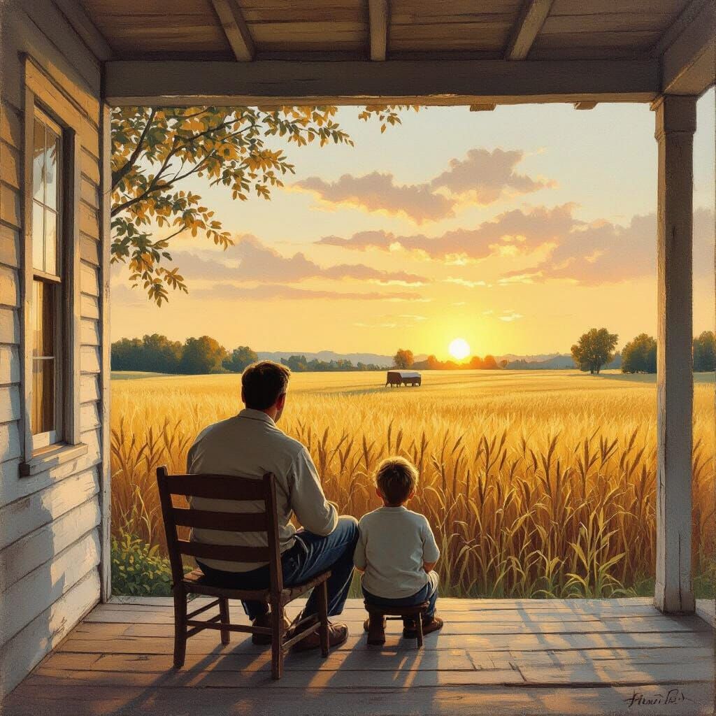 Father and Child Sunrise, in Rural Landscape Style
