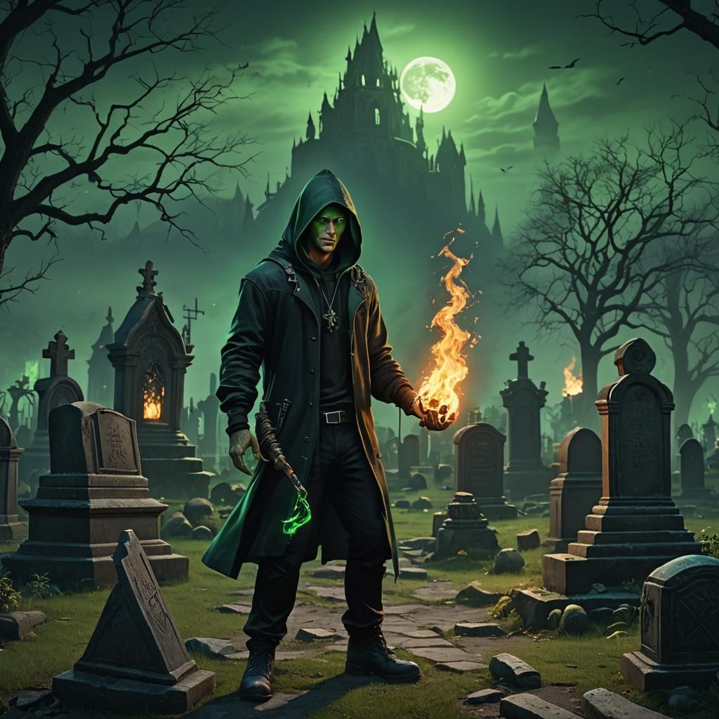Moonlit Sorcerer with Green Fire in Graveyard