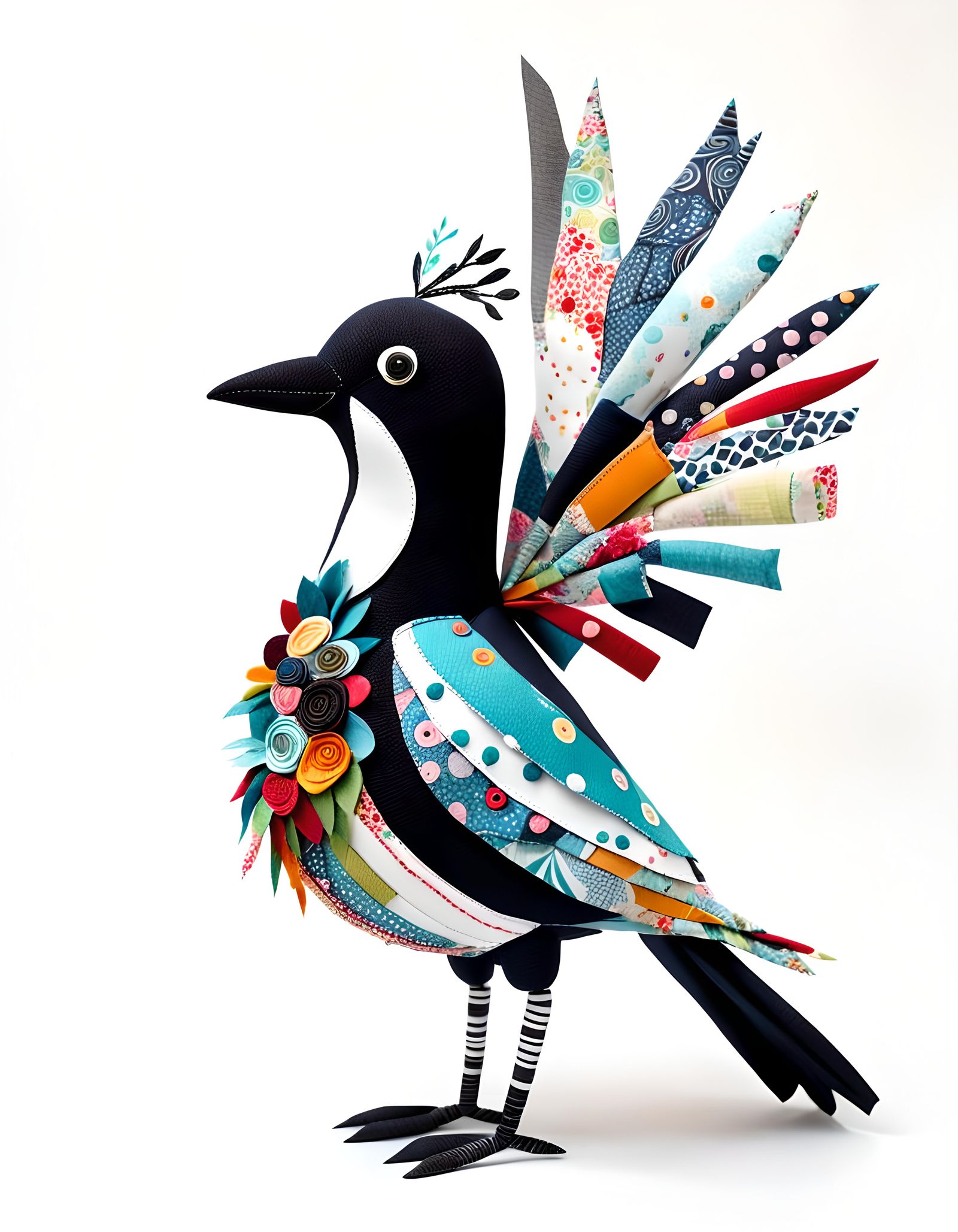 Whimsical Fabric Scrap Magpie on White Background