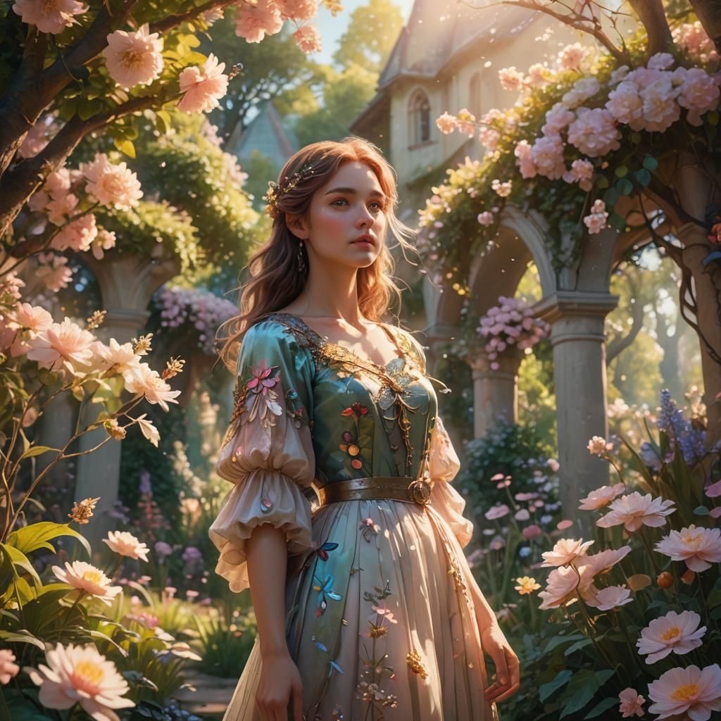 Sunlit Lady in Ethereal Fantasy Garden