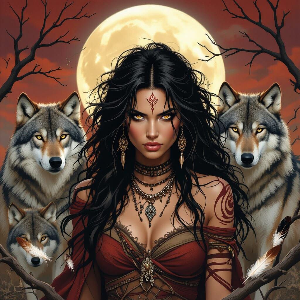 Earthy Woman with Wolves and Tribal Markings
