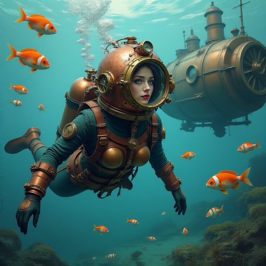 Steampunk Diver in a Victorian Underwater Scene