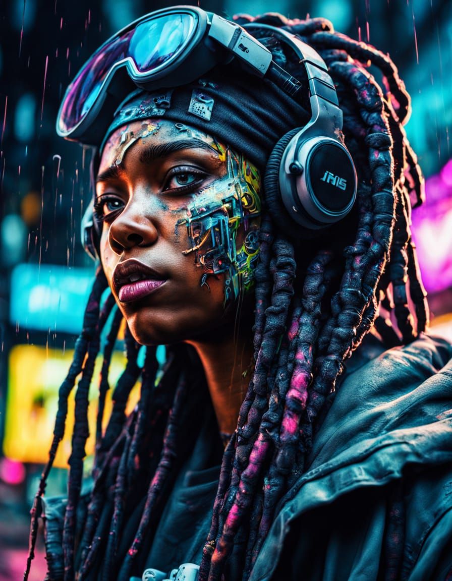 Cyberpunk Woman with Neon Dreads and Shattered Visor