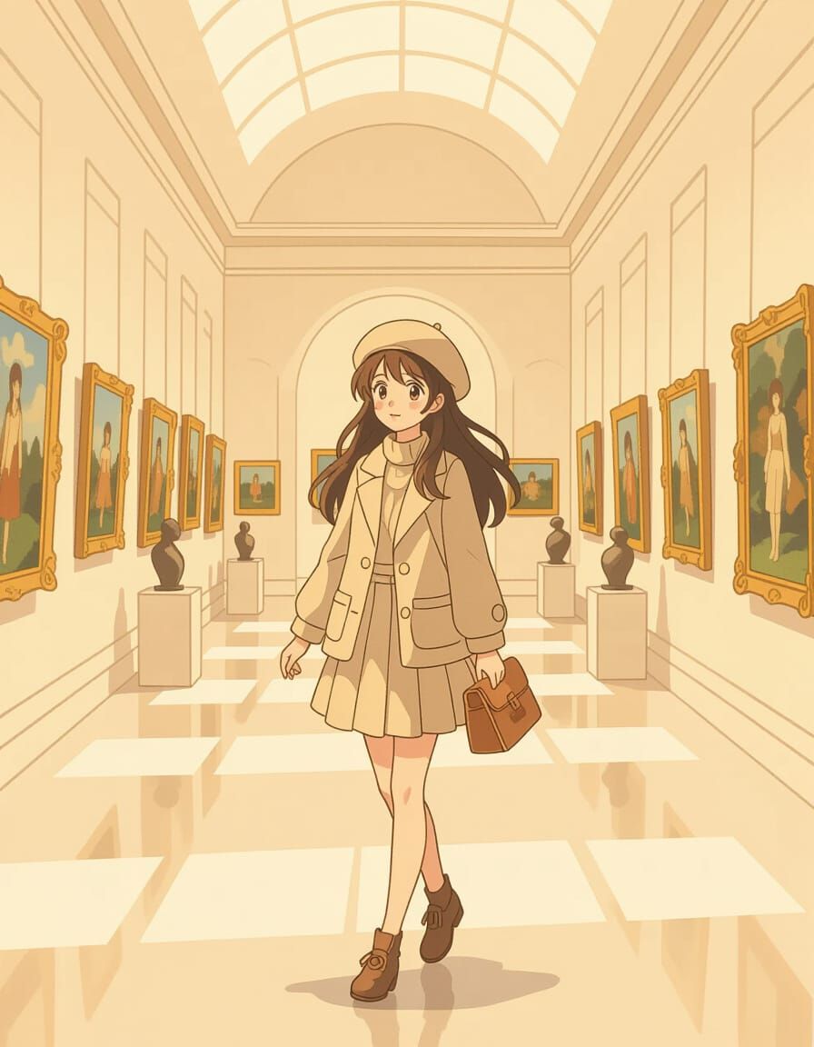 Anime Girl in Parisian Outfit at Art Museum