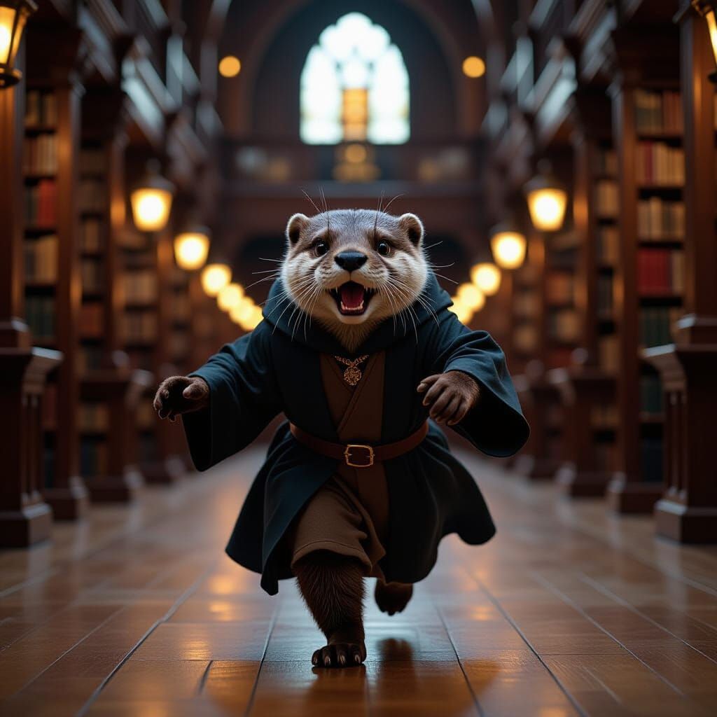 Wizard Otter Runs Through Candlekeep Library