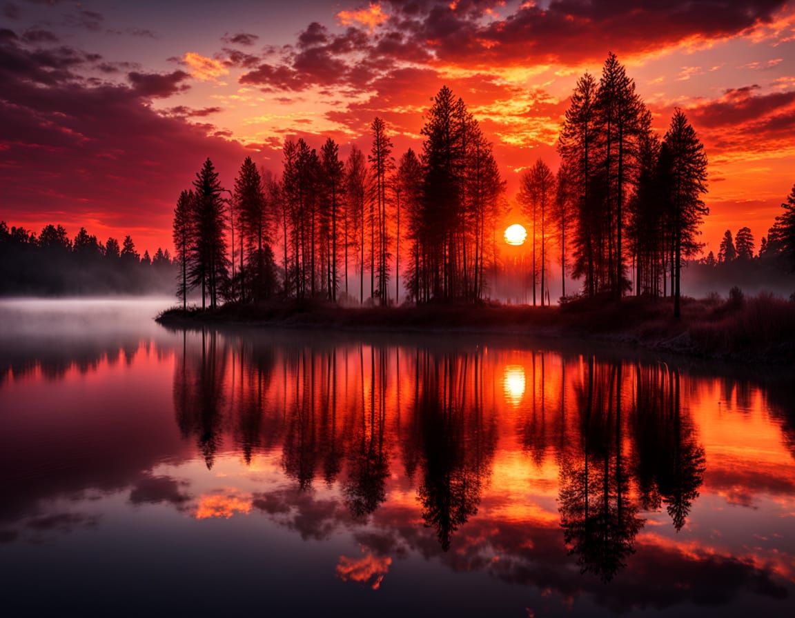 Fiery Sunset Over Serene Lake in Hyperrealistic Style