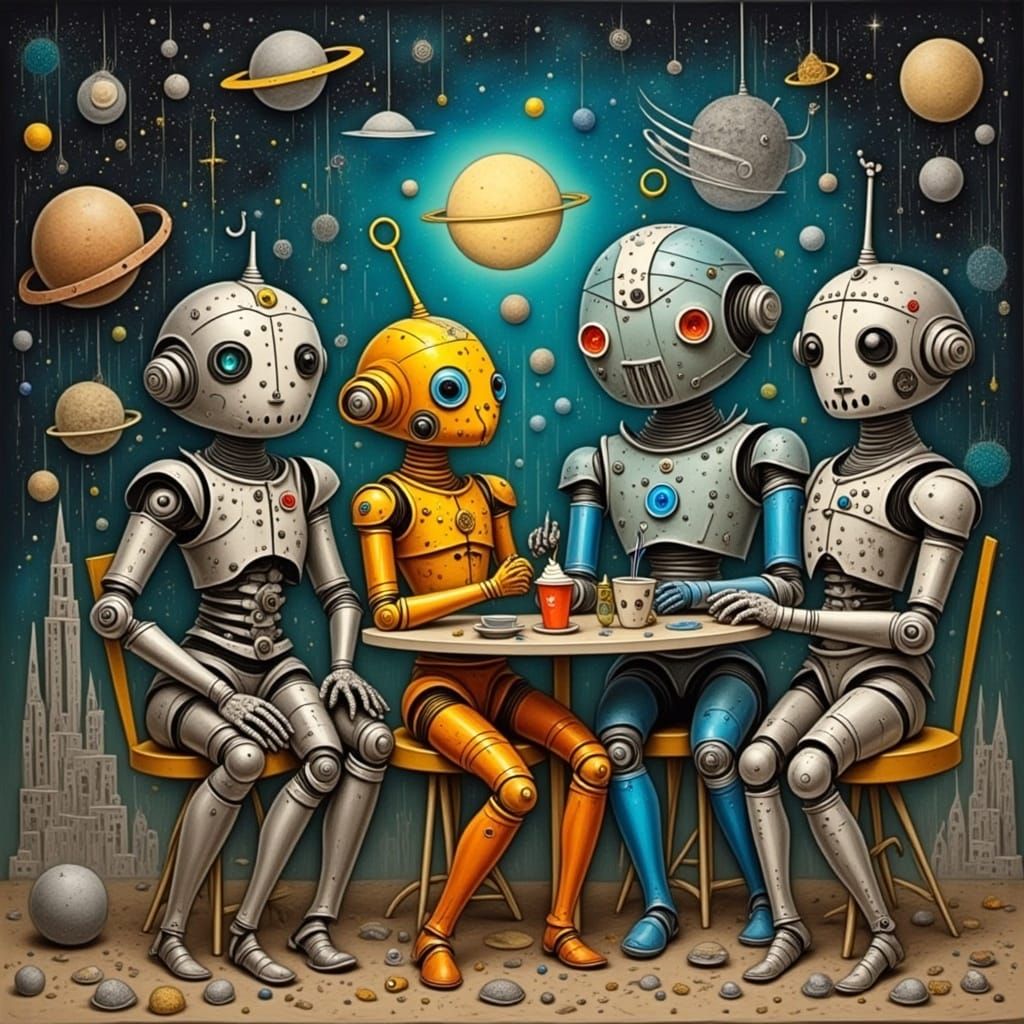 Whimsical Robots in Retro-Futuristic Space Cafe