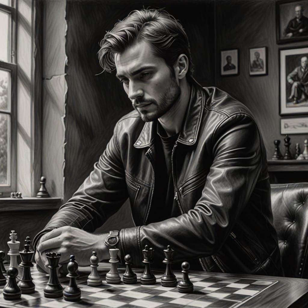 Elegant Man Poses with Chessboard: Charcoal Drawing