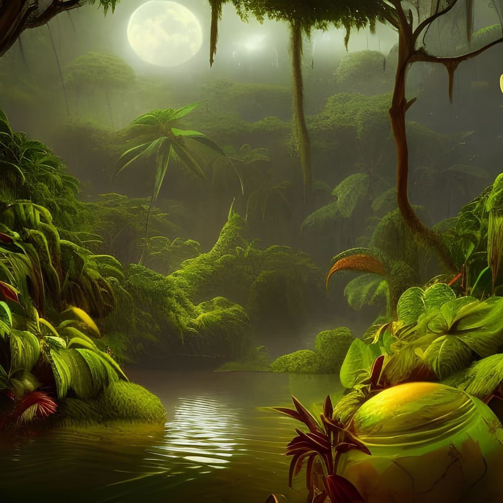 Lush Alien Jungle Landscape with Full Moons