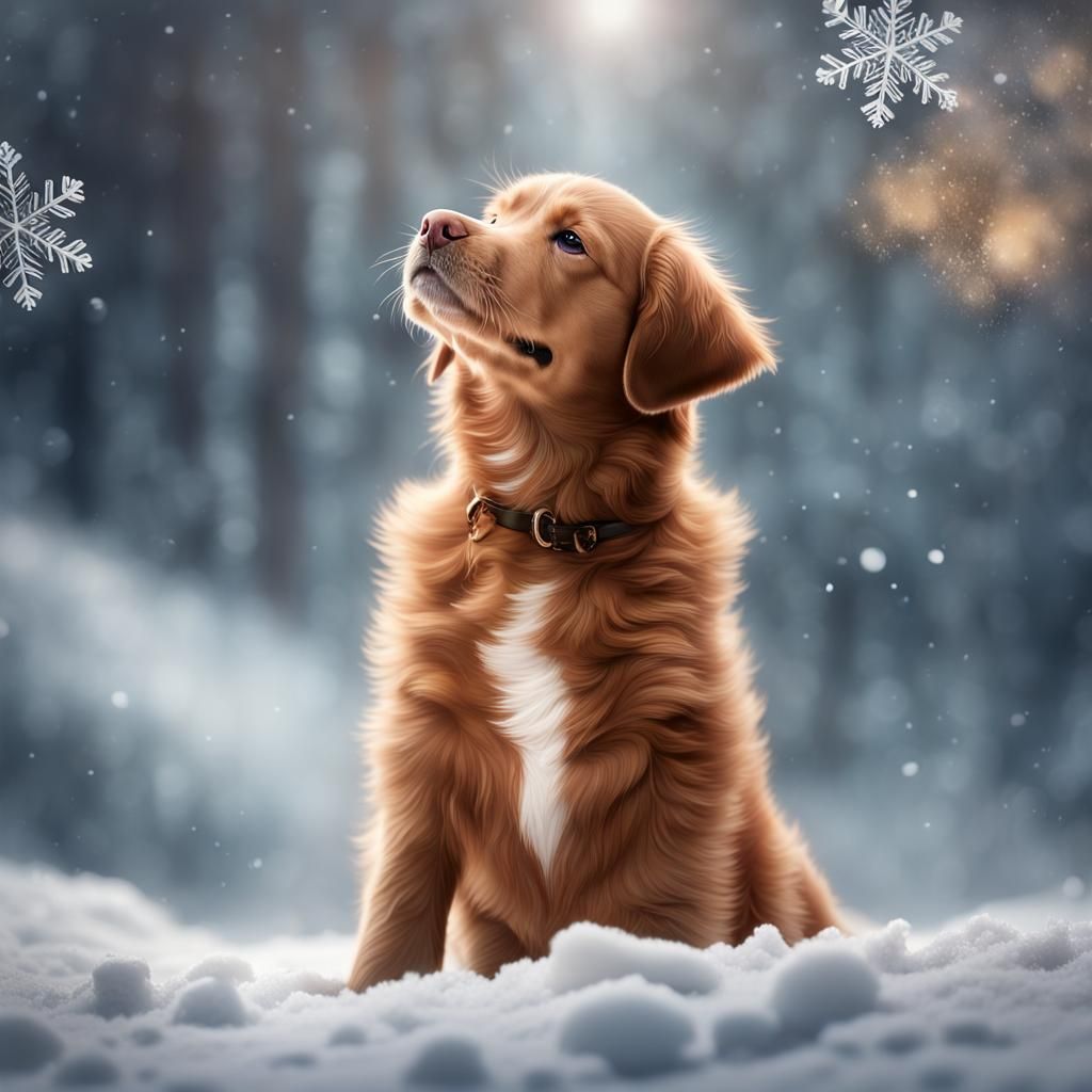 Christmas Puppy with Snowflake, Realistic Digital Painting