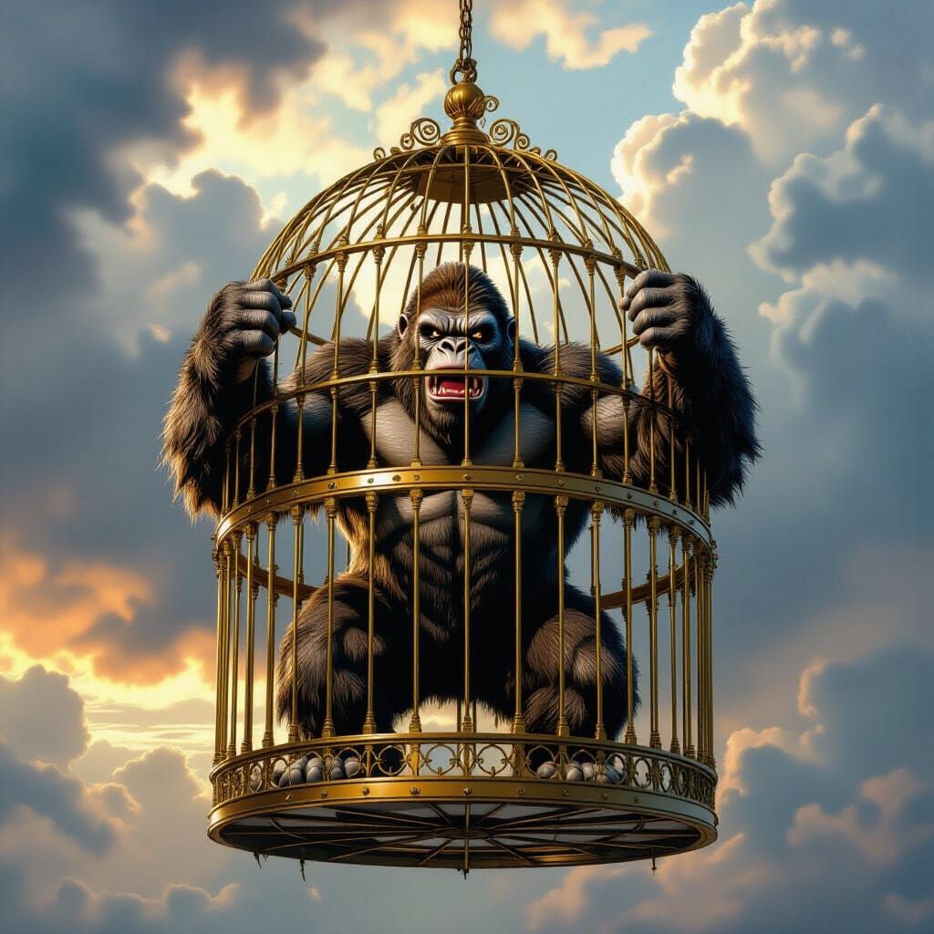 King Kong Trapped in Ornate Gilded Birdcage