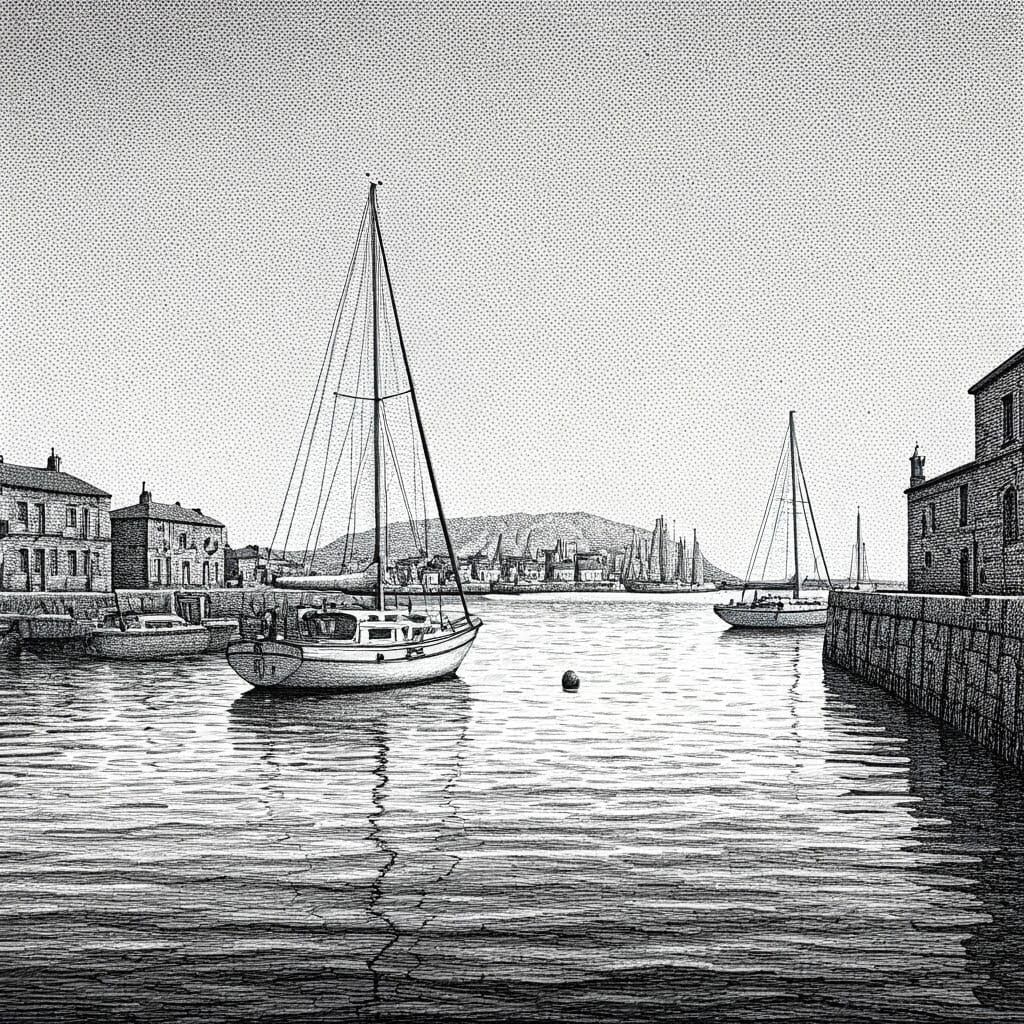 Stippled Harbour Scene Ink Drawing