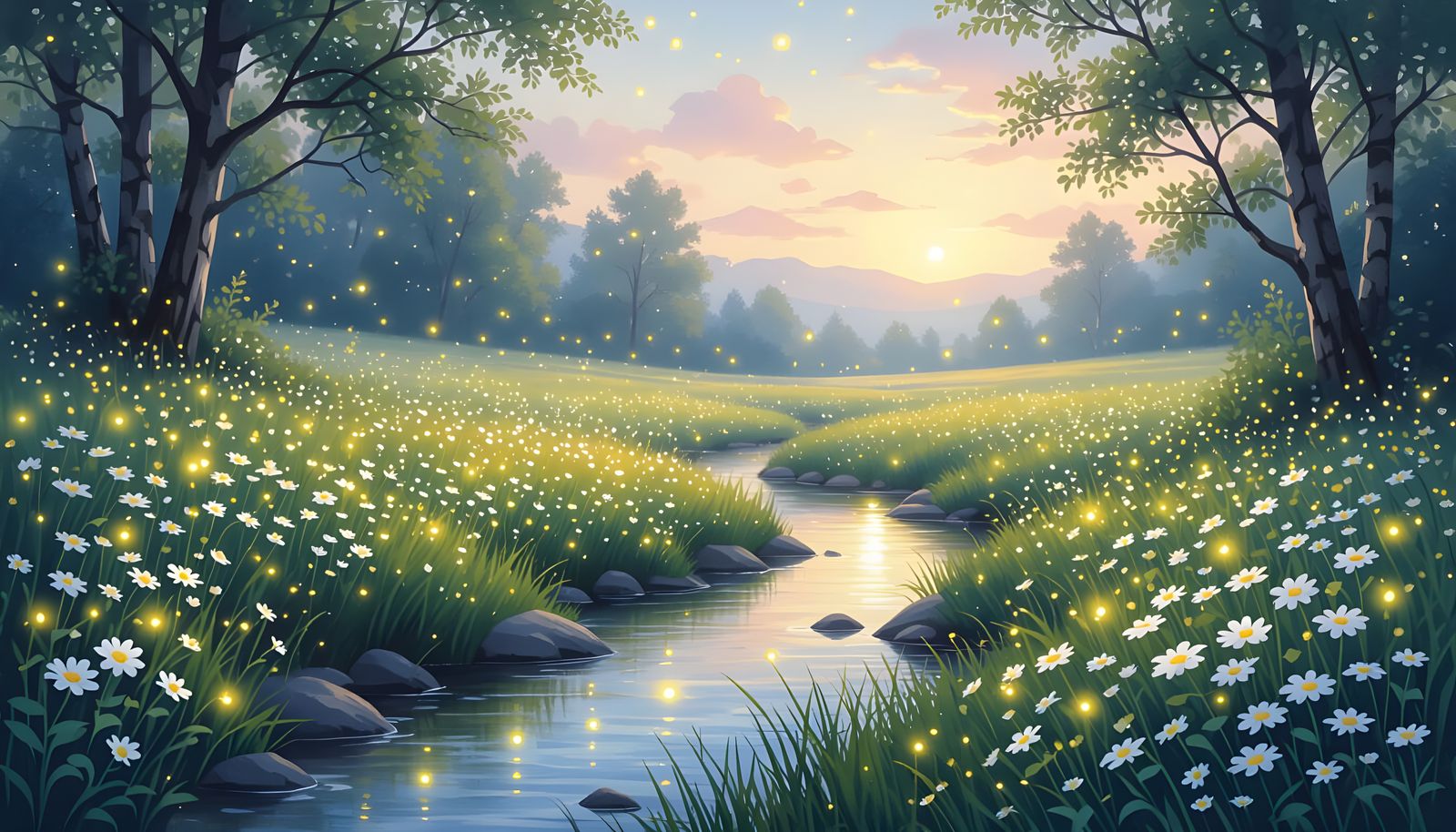 Fireflies Illuminate Dreamy Meadow in Watercolor Style