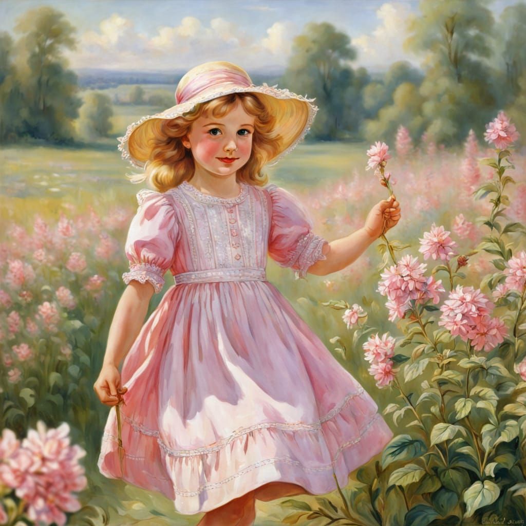 Cheerful Girl in Field, Impressionist Style