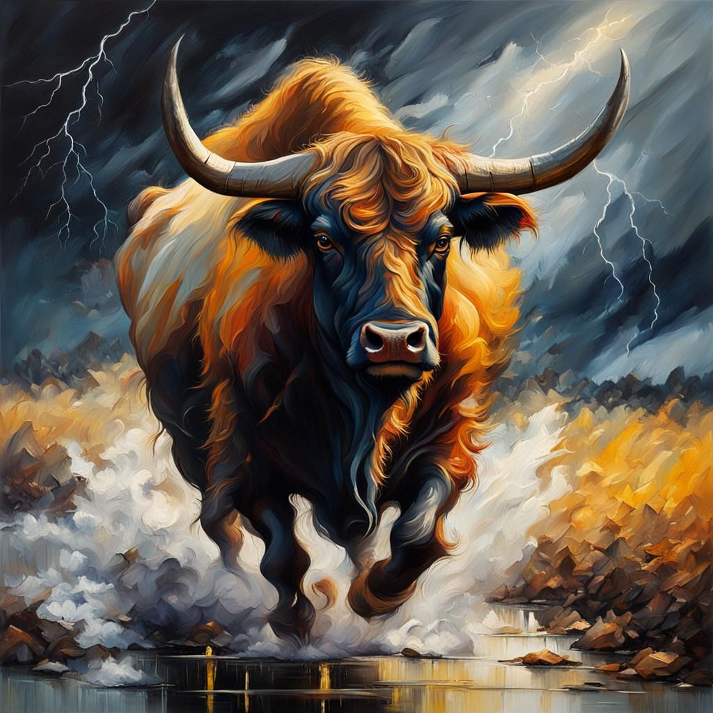 Wild Ox Charges Through Stormy Landscape as Impasto Oil