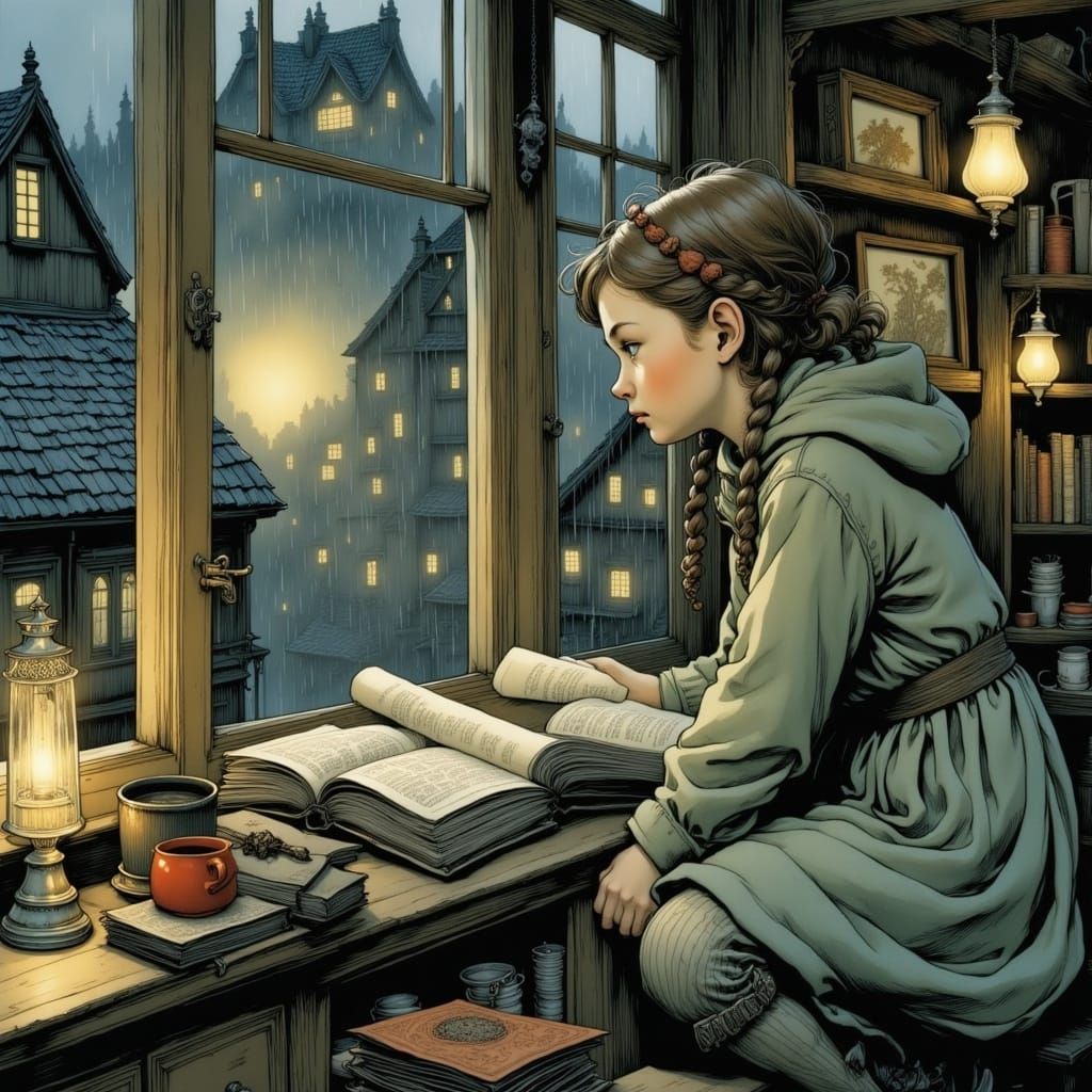 Whimsical Girl Watches Rainy Scene in Intricately Detailed S...