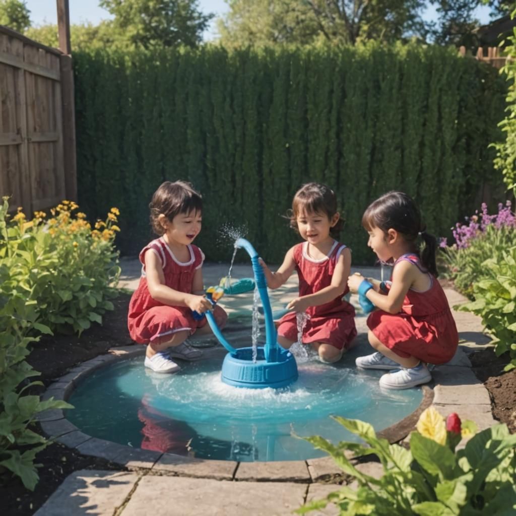 Children Drinking Water from Garden Hose