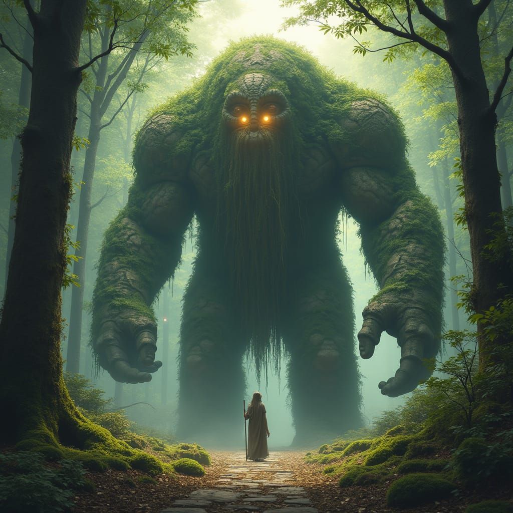 Ancient Stone Golem Awakens in Forgotten Forest with Glowing...