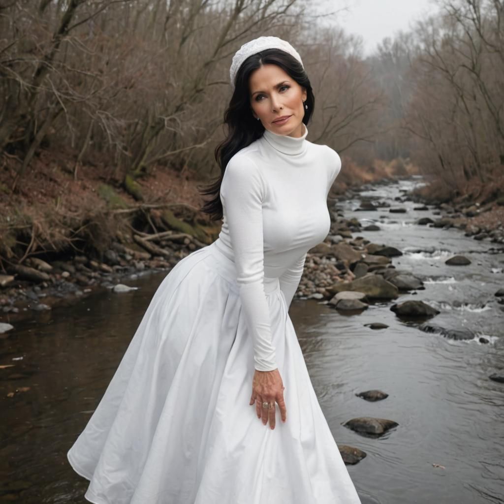 Elegant Woman with Head Covering at Creek