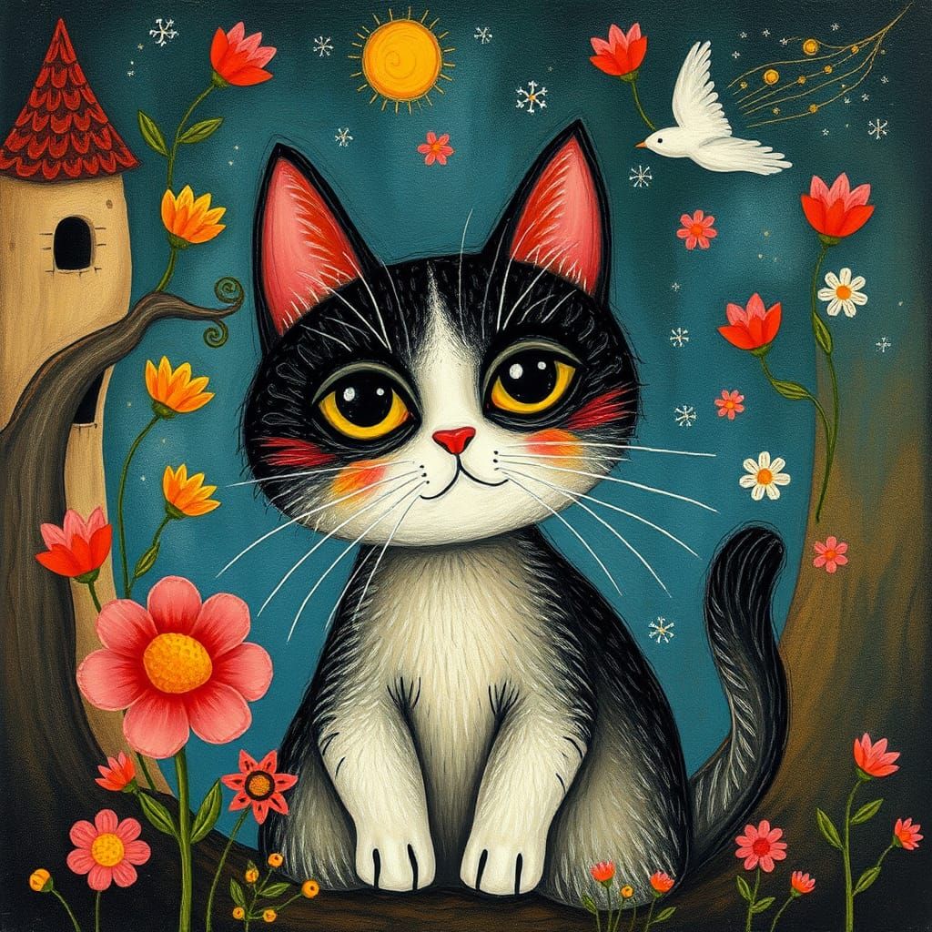 Cute Cat in Fantasy World, Naive Folk Art