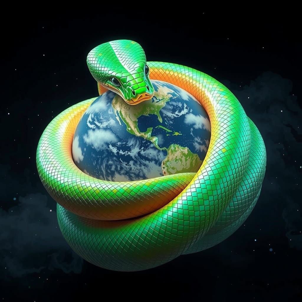 Lime Green Snake Coils Majestically Around a Glowing Earth i...