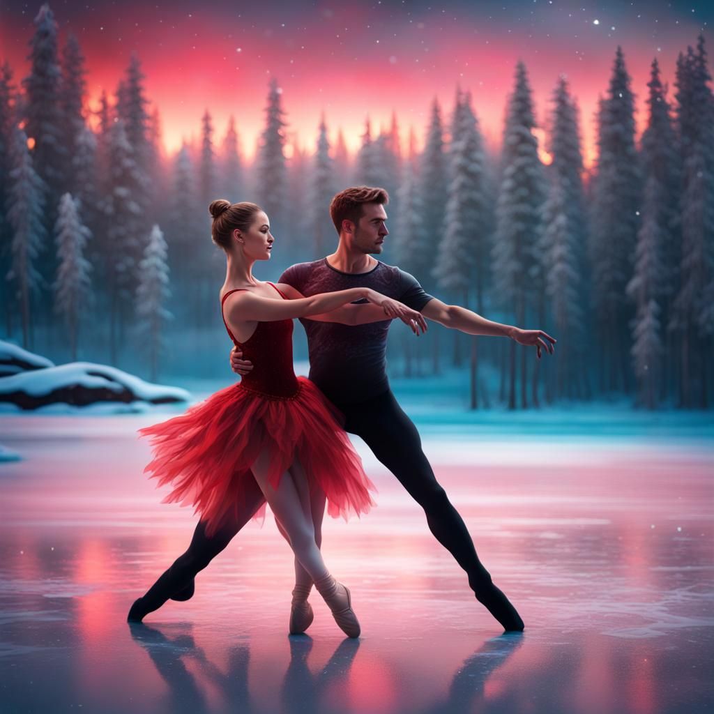 Ballet Couple's Winter Dance on Frozen Lake