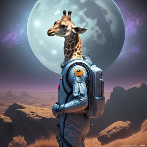 Giraffe Moonwalk: Surreal Cosmic Illustration in 3D