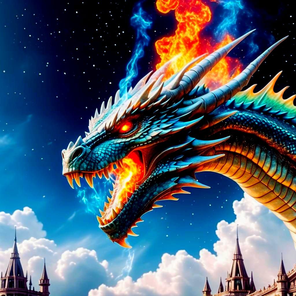Ethereal Dragon Breathing Cosmic Flames