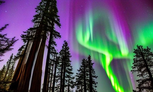Redwood Forest Under Aurora Borealis Display