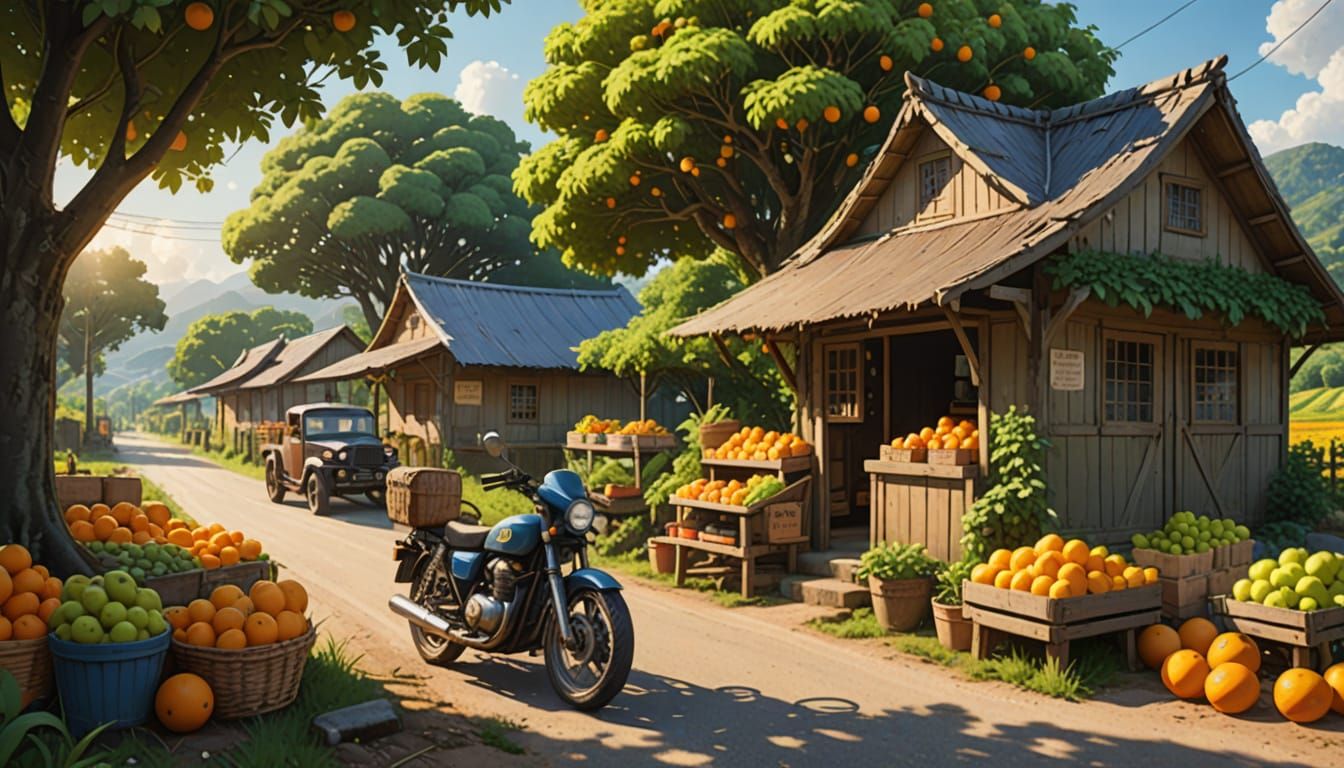 Smiling Anime Dog at Rural Fruit Stand