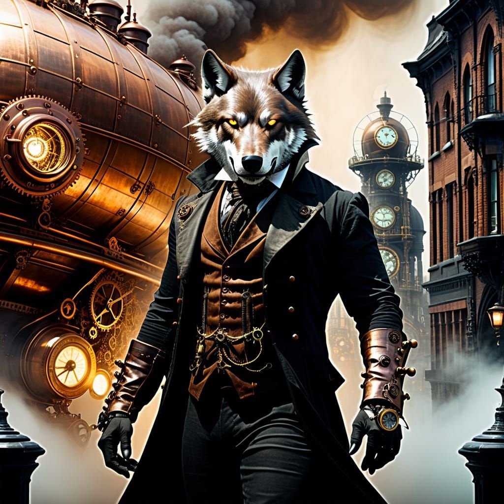 Steampunk Warrior King Amidst Victorian Gothic Cityscape