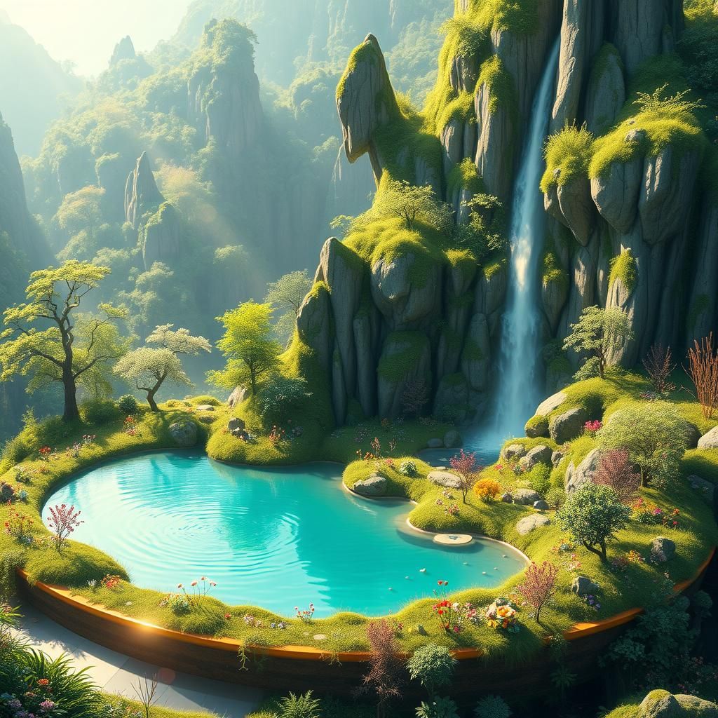 Surreal Music Disc with Lush Greenery and Waterfall
